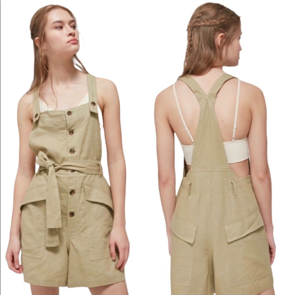 Urban Outfitters Linen Khaki Shortall Overalls With Pocket Shorts Tan NEW